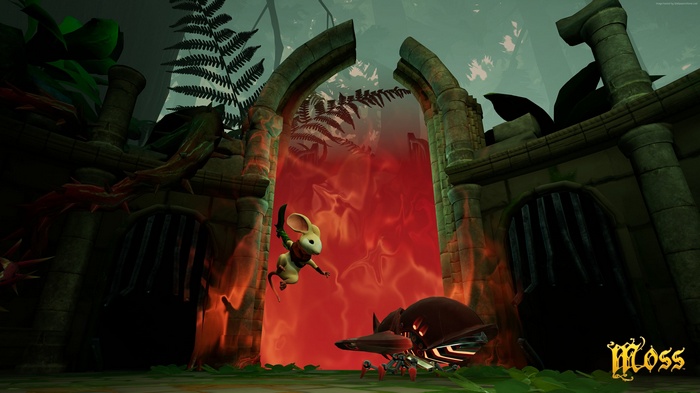 Quill the mouse from Moss in a fiery portal