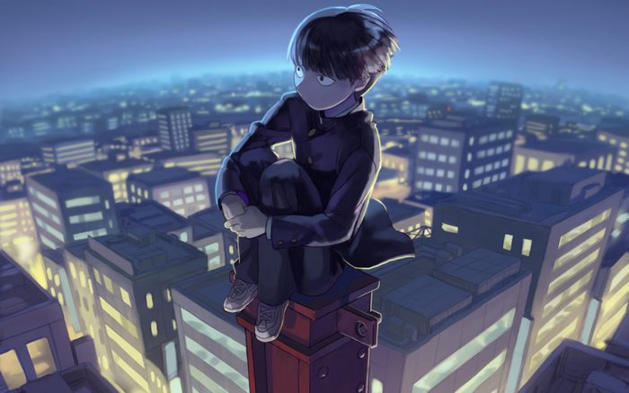 Kageyama Shigeo from Mob Psycho 100 on a cityscape