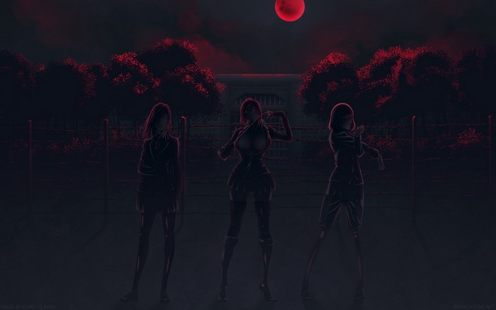 Three anime girls in front of a building at night
