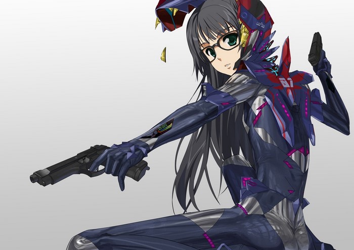 Futaba Aoi from Asobi ni Iku yo! in a mecha suit holding a gun