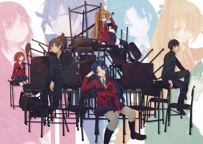 Characters from Toradora! sitting on desks and chairs