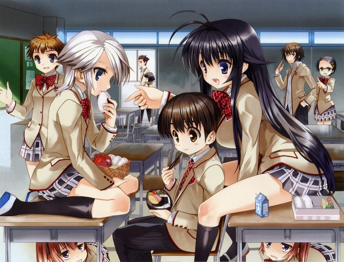Anime students eating lunch in a classroom