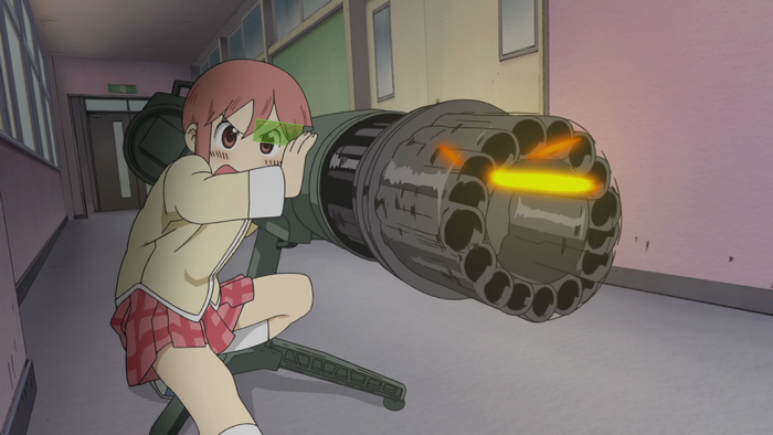 Misato Tachibana from Nichijou with a Gatling gun