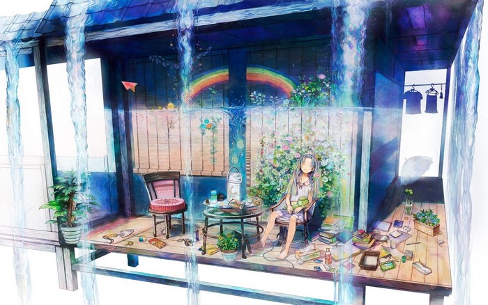 Girl on a porch with rainbow and rain