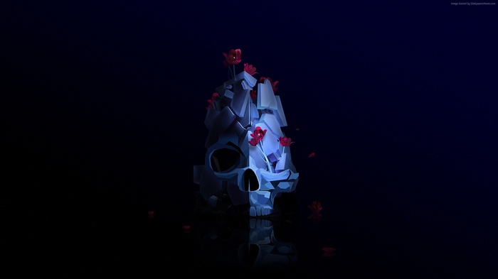 3D rendered skull with red flowers