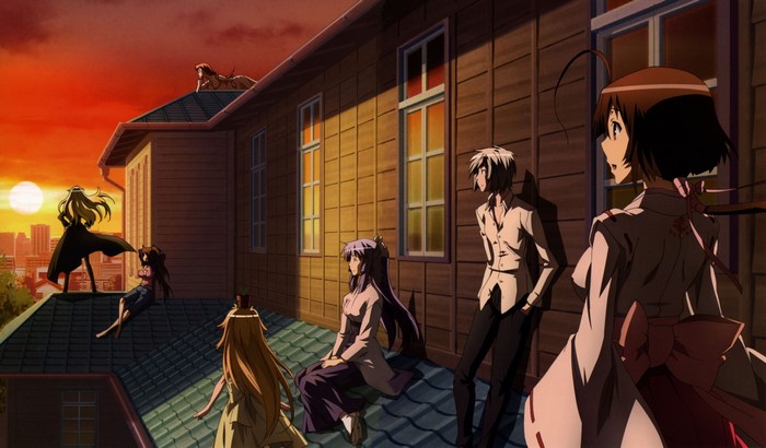 Sekirei characters on a rooftop at sunset