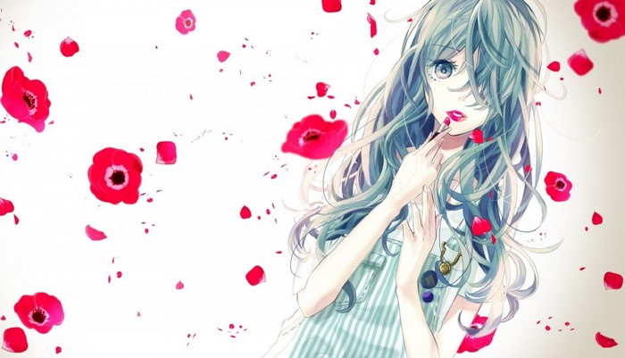 Anime girl with blue hair applying lipstick surrounded by red flowers
