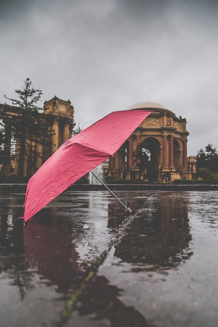 Pink umbrella on wet ground with building reflection
