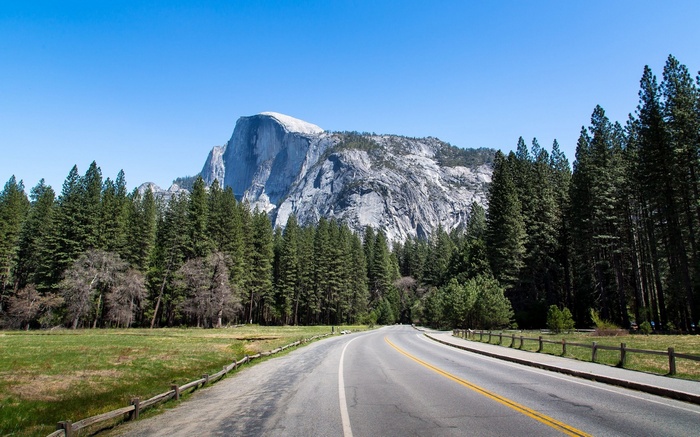 Half Dome mountain and road in Yosemite National Park