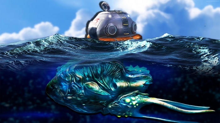 Subnautica screenshot with a Cyclops and Leviathan