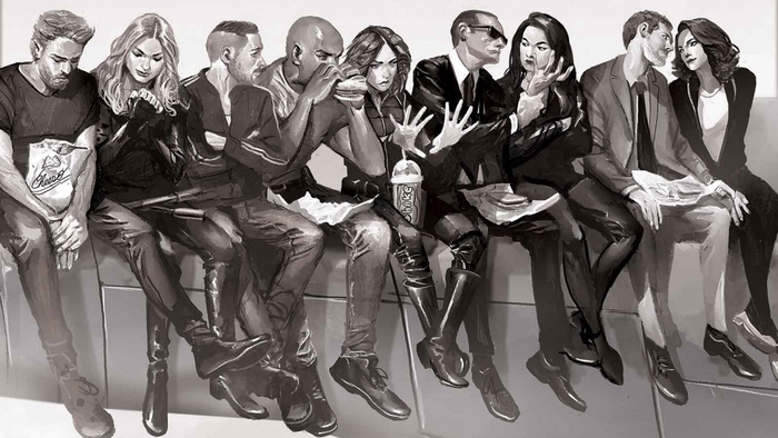 Agents of S.H.I.E.L.D. characters sitting and eating
