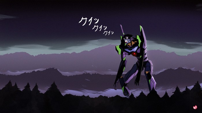 EVA Unit 01 from Neon Genesis Evangelion in a dark landscape