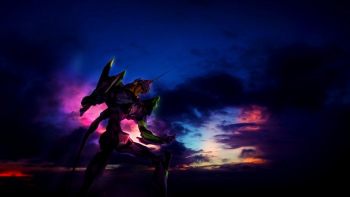 EVA Unit 01 from Neon Genesis Evangelion against a dark sky