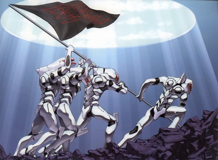 Evangelion Units raising a black flag with red symbols