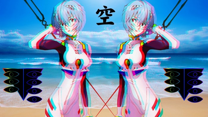 Ayanami Rei from Neon Genesis Evangelion with Japanese text