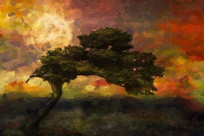 Impressionist painting of a lone tree under a colorful sky