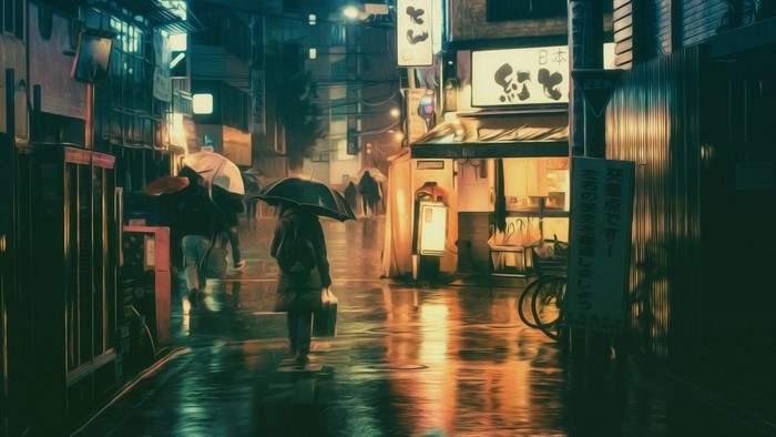 Night street in Japan with reflections and umbrellas