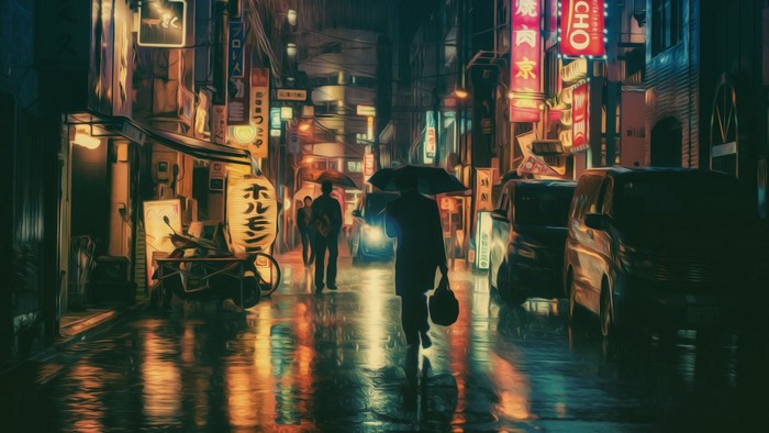 Night street in Japan with neon lights and reflections
