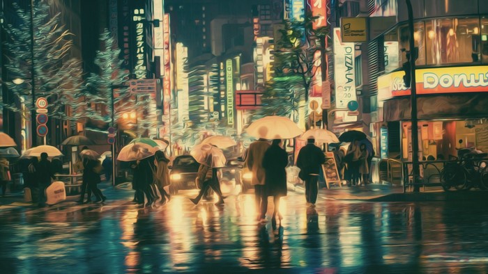 People with umbrellas crossing a street at night