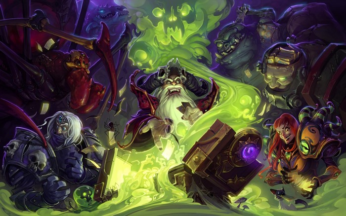 Hearthstone Heroes of Warcraft characters in a dark fantasy illustration