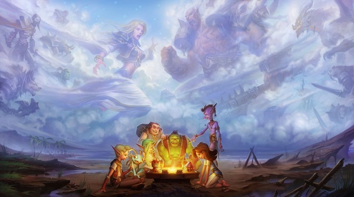 Hearthstone Heroes of Warcraft characters gathered around a campfire