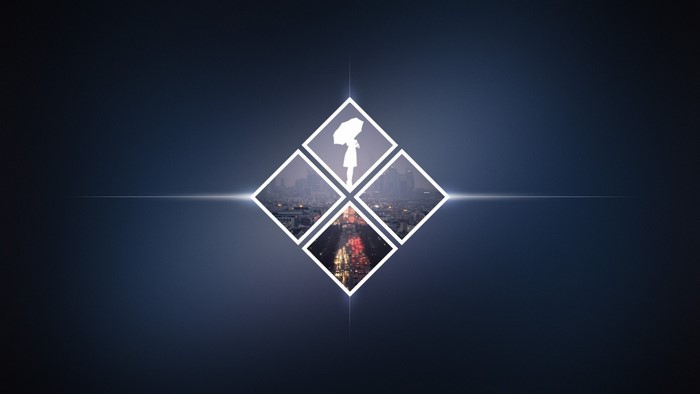 Minimalist diamond with silhouette of woman holding umbrella over cityscape