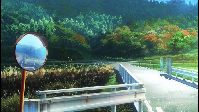 Anime landscape with a curved road and a convex mirror