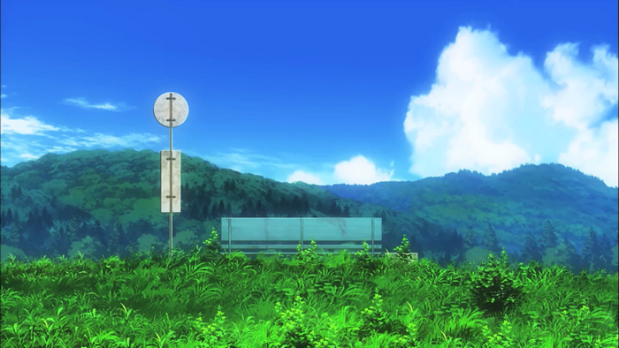 Anime landscape with bus stop and mountains
