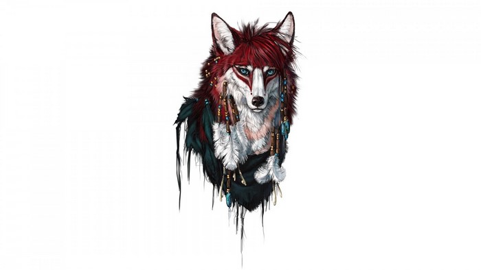 Illustration of a stylized wolf with red hair and feathers