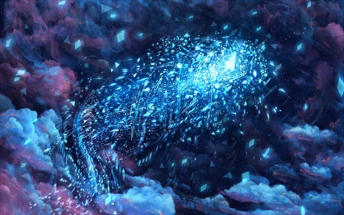 Fantasy art of a glowing blue cosmic entity in a nebula
