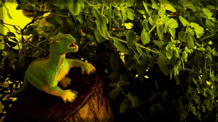 Green toy dinosaur on a tree stump with plants