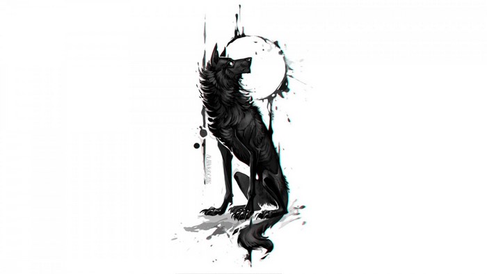 Black wolf howling at a circular abstract shape