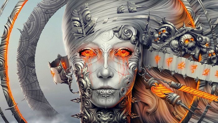 Cybernetic woman with glowing orange eyes and skull armor