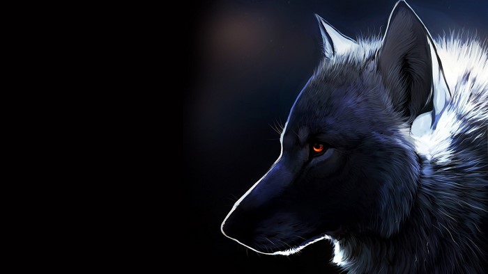 Close-up artwork of a black wolf with glowing orange eyes
