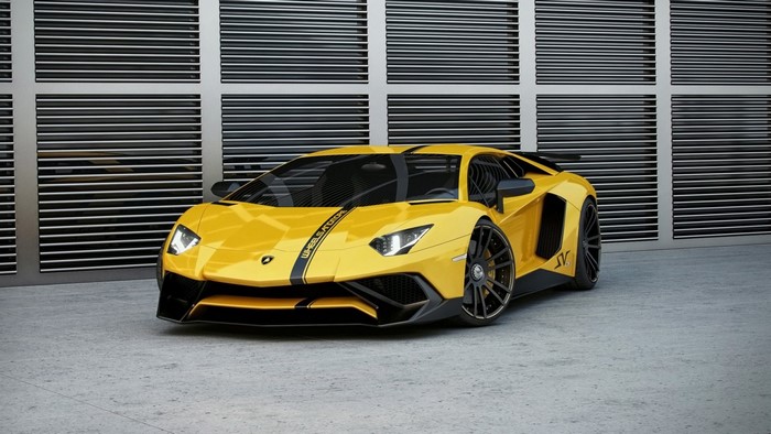 Yellow Lamborghini Aventador SV parked in front of a modern building