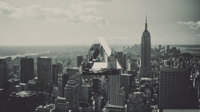 Monochrome cityscape with geometric overlay in New York City