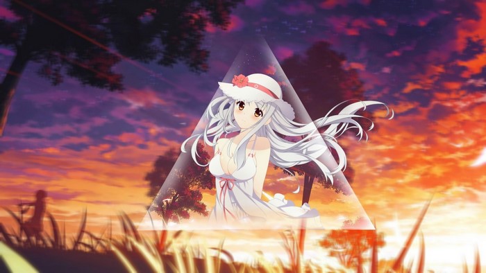 Anime girl with white hair and dress in a triangle