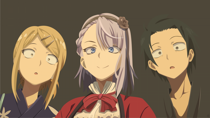 Saya Endou, Hotaru Shidare, and Kokonotsu Shikada from Dagashi Kashi