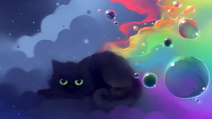 Black cat with yellow eyes among colorful clouds and bubbles