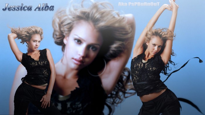 Jessica Alba in black clothing on blue background