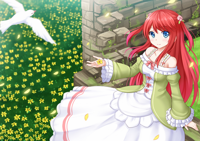 Anime girl with red hair and blue eyes in a green dress