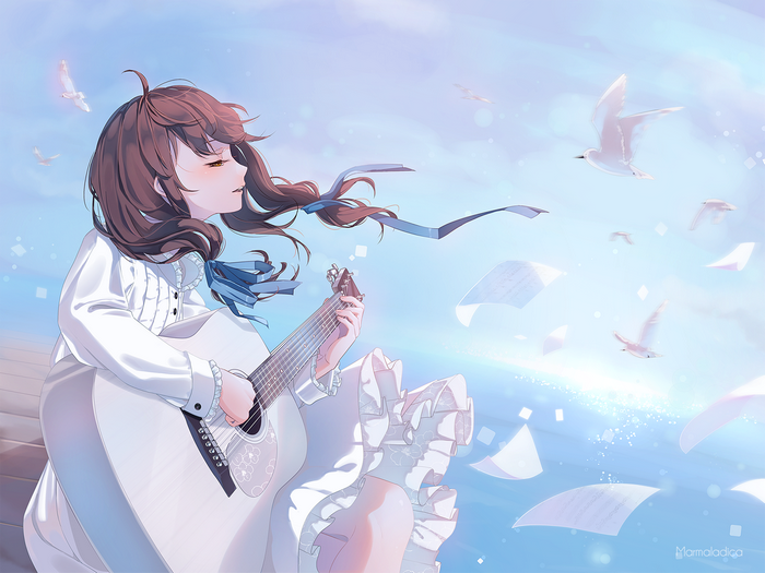 Anime girl playing guitar with birds and papers in the sky