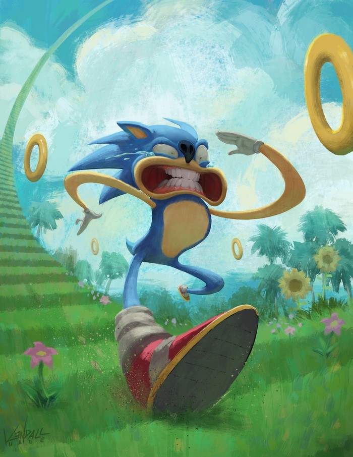 Sonic the Hedgehog running with a distorted face