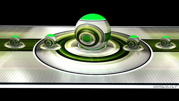 Abstract 3D spheres with green tops on a metallic surface