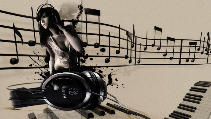 Woman with headphones and musical notes
