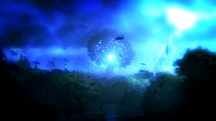 Ori and the Blind Forest: A glowing tree during a lightning storm