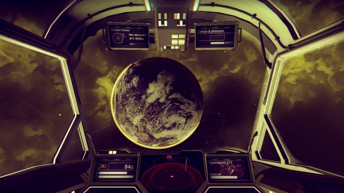 Cockpit view of spaceship approaching a planet in No Man's Sky