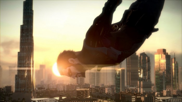 Adam Jensen from Deus Ex: Mankind Divided skydiving over a city