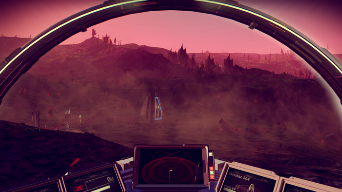 No Man's Sky cockpit view of alien planet landscape