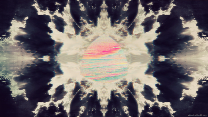 Abstract symmetrical clouds with a glitch art planet